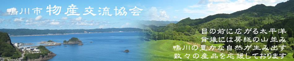 鴨川市物産交流協会　目の前に広がる太平洋　背後には房総の山並み　鴨川の豊かな自然が生み出す数々の産品を応援しております